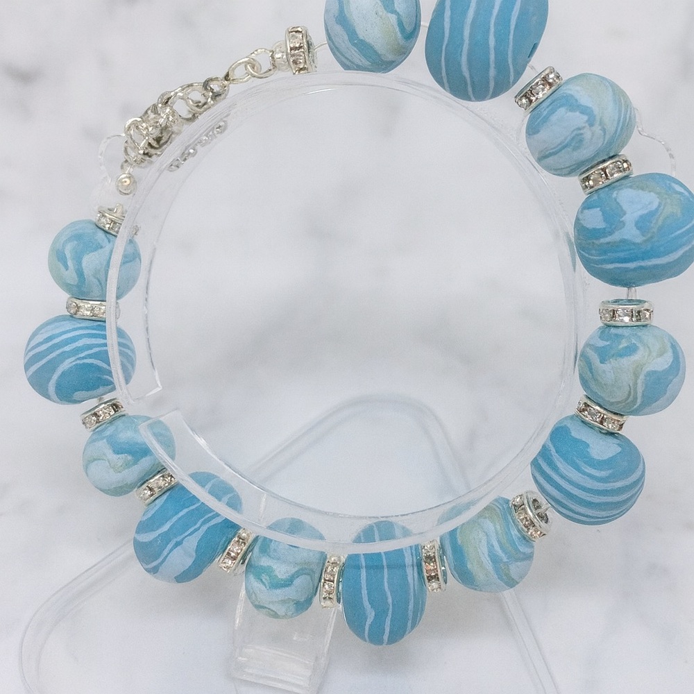 One-of-a-Kind Handmade Sky Blue Marbled Polymer Clay Bracelet - Picture 5 of 16